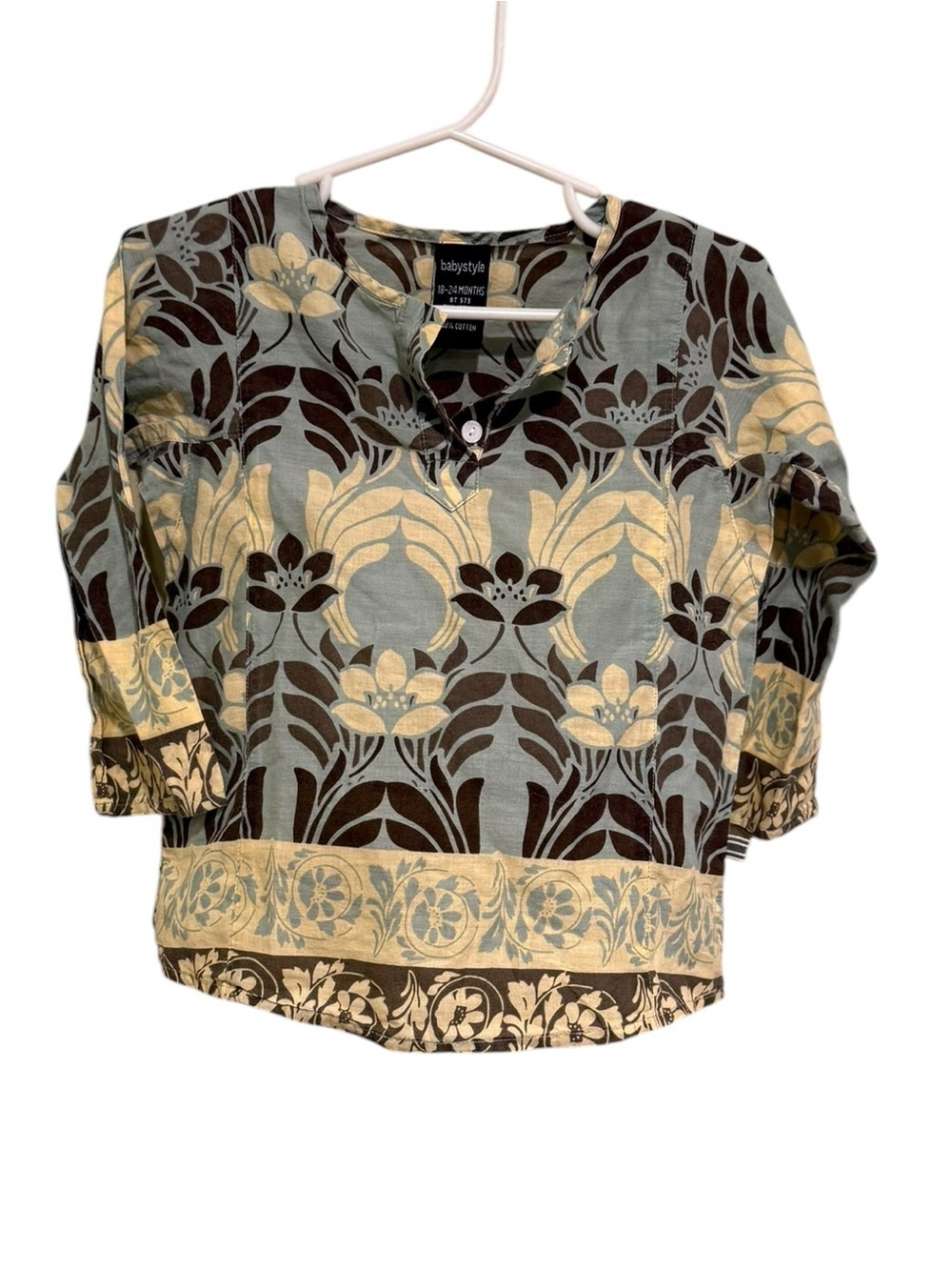 Babystyle Floral Cotton Baby Shirt in Sage, Brown & Cream - Size 18-24 Months